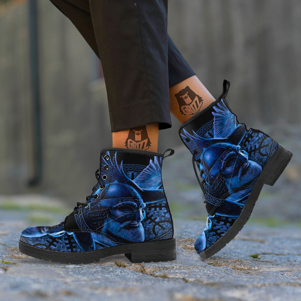 Viking God Odin And Crow Blue Print Leather Boots-grizzshop