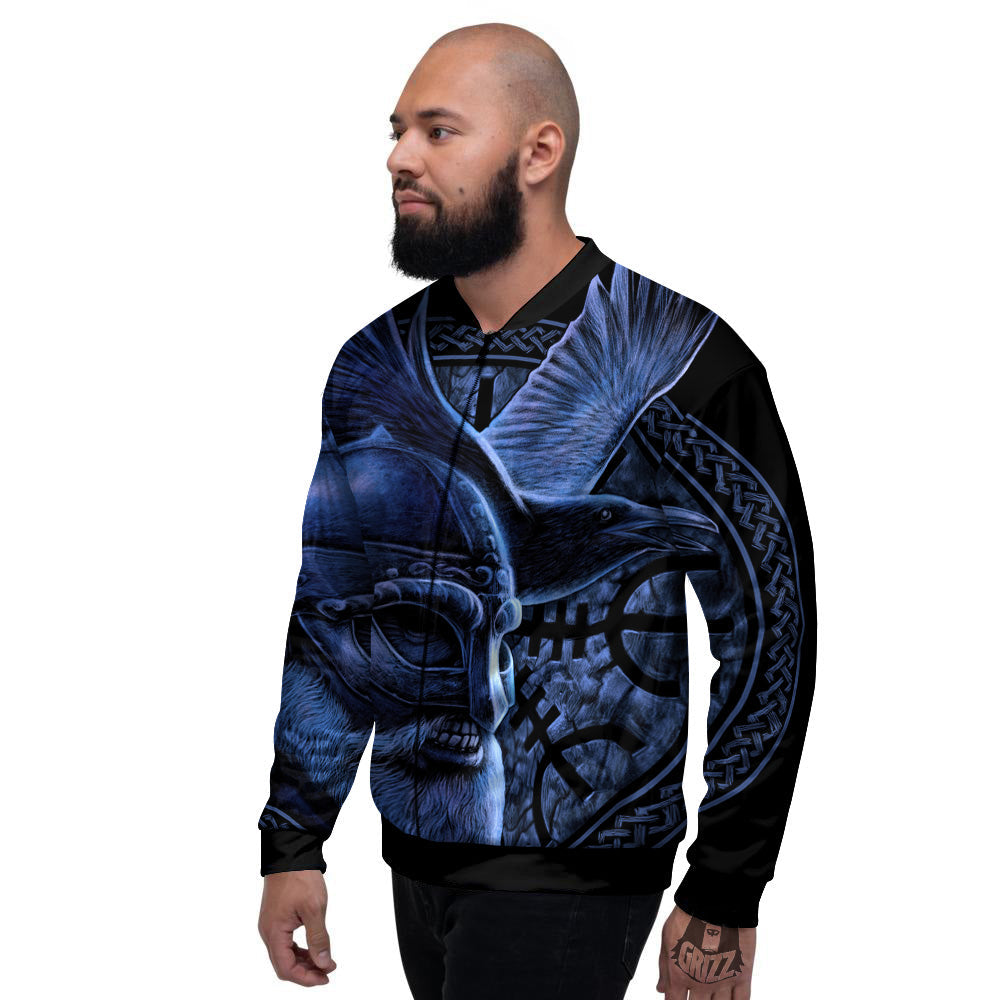 Viking God Odin And Crow Blue Print Men's Bomber Jacket-grizzshop