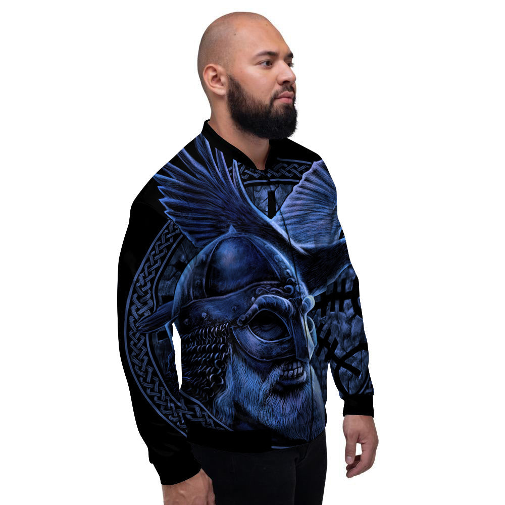 Viking God Odin And Crow Blue Print Men's Bomber Jacket-grizzshop
