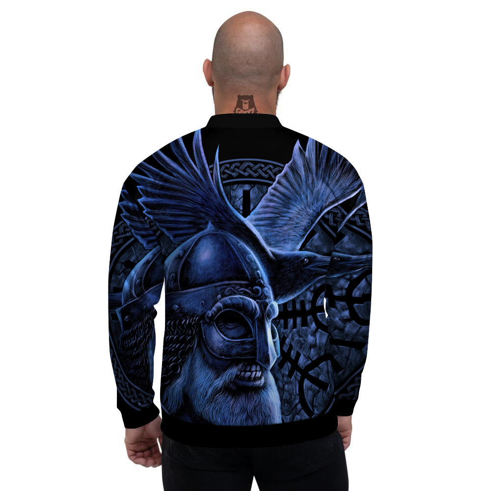 Viking God Odin And Crow Blue Print Men's Bomber Jacket-grizzshop