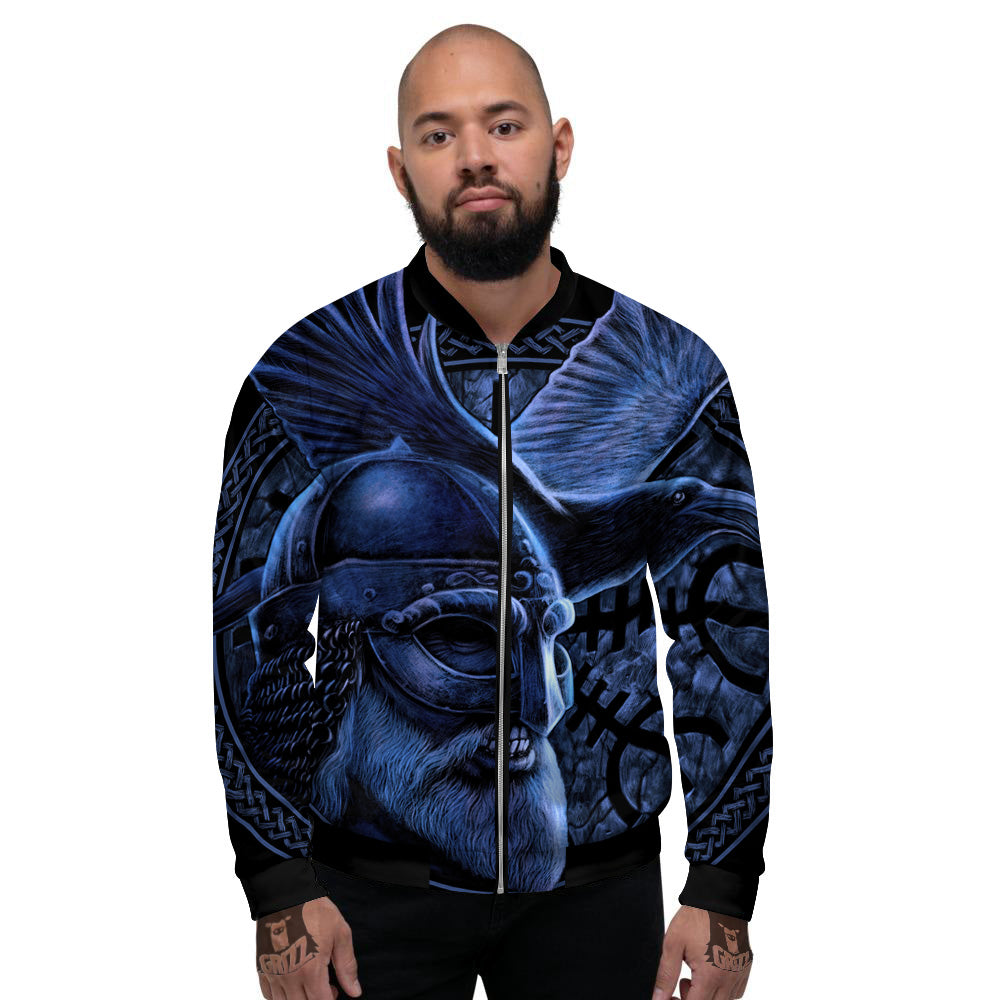 Viking God Odin And Crow Blue Print Men's Bomber Jacket-grizzshop
