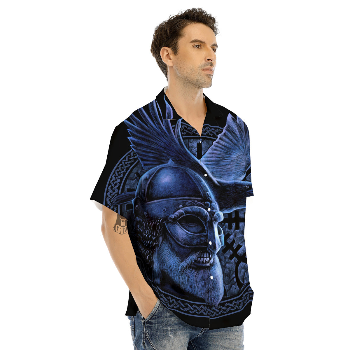 Viking God Odin And Crow Blue Print Men's Hawaiian Shirt-grizzshop