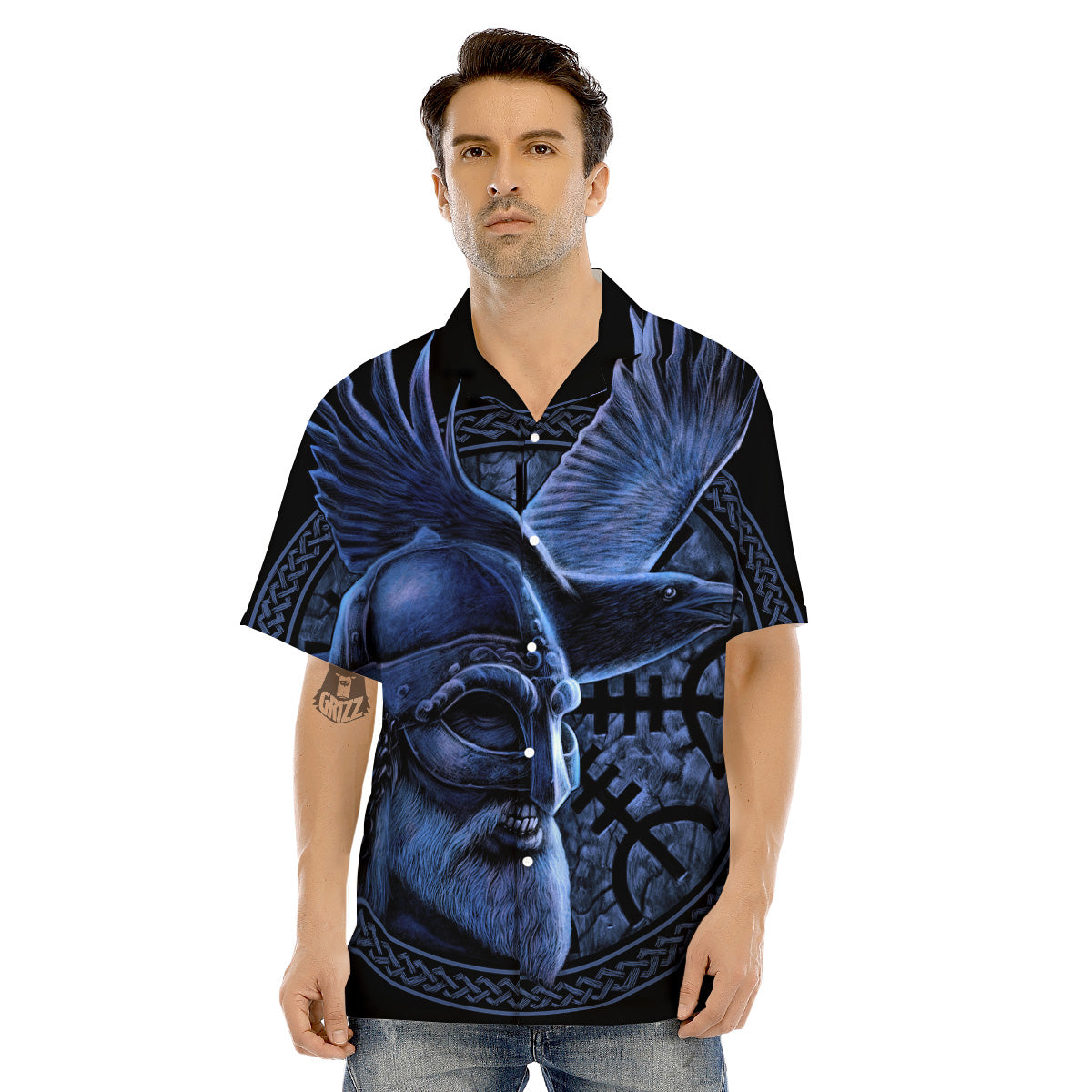 Viking God Odin And Crow Blue Print Men's Hawaiian Shirt-grizzshop