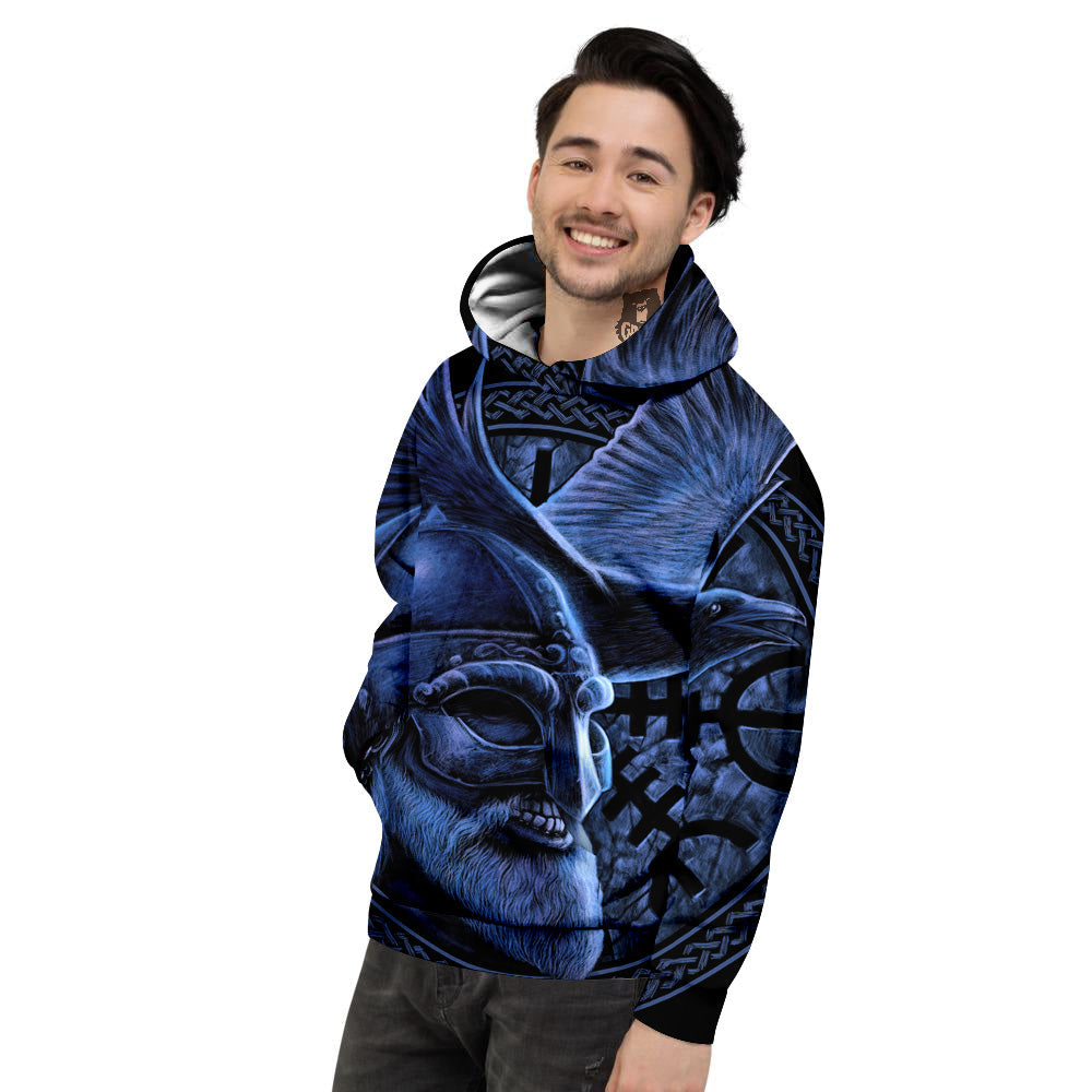 Viking God Odin And Crow Blue Print Men's Hoodie-grizzshop