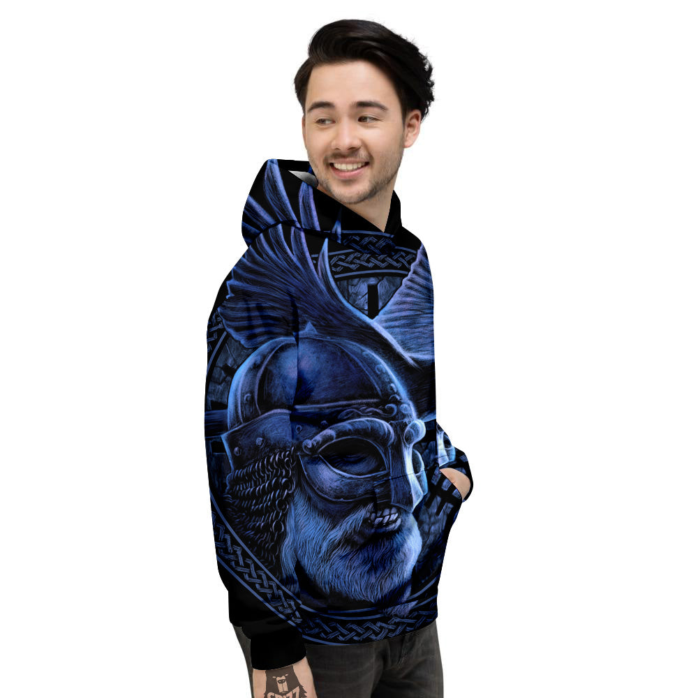 Viking God Odin And Crow Blue Print Men's Hoodie-grizzshop