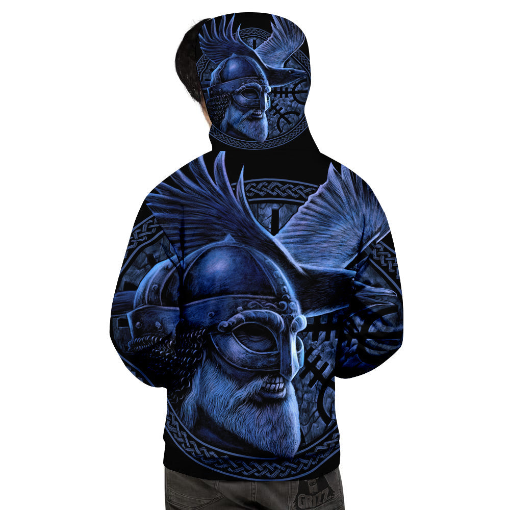 Viking God Odin And Crow Blue Print Men's Hoodie-grizzshop