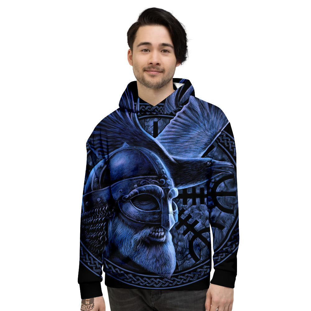 Viking God Odin And Crow Blue Print Men's Hoodie-grizzshop