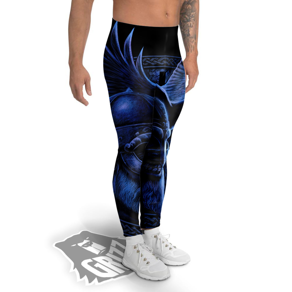 Viking God Odin And Crow Blue Print Men's Leggings-grizzshop