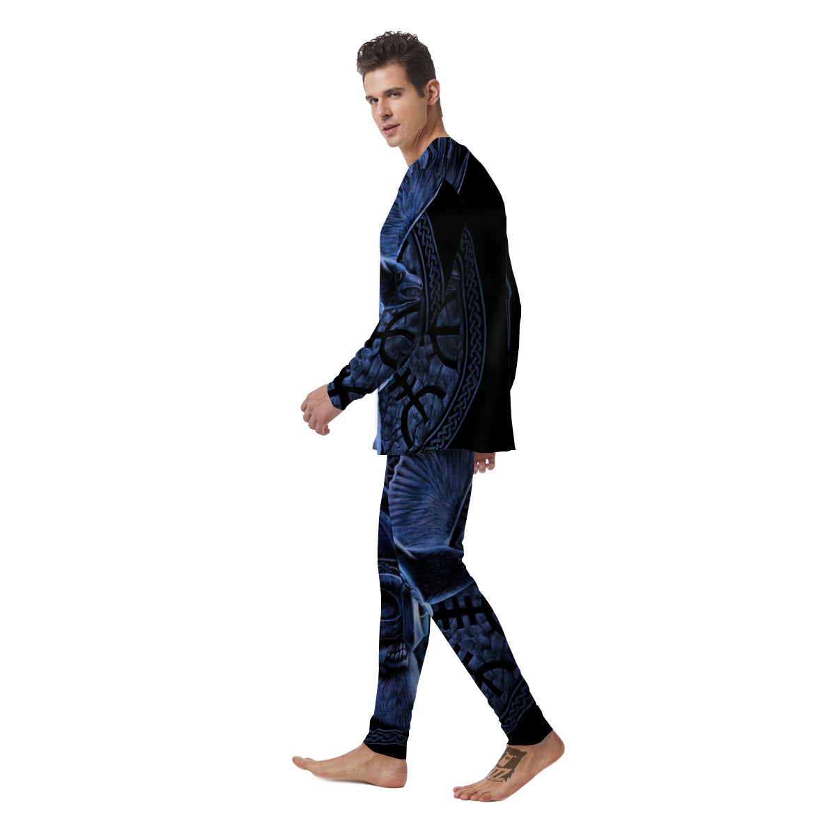 Viking God Odin And Crow Blue Print Men's Pajamas-grizzshop