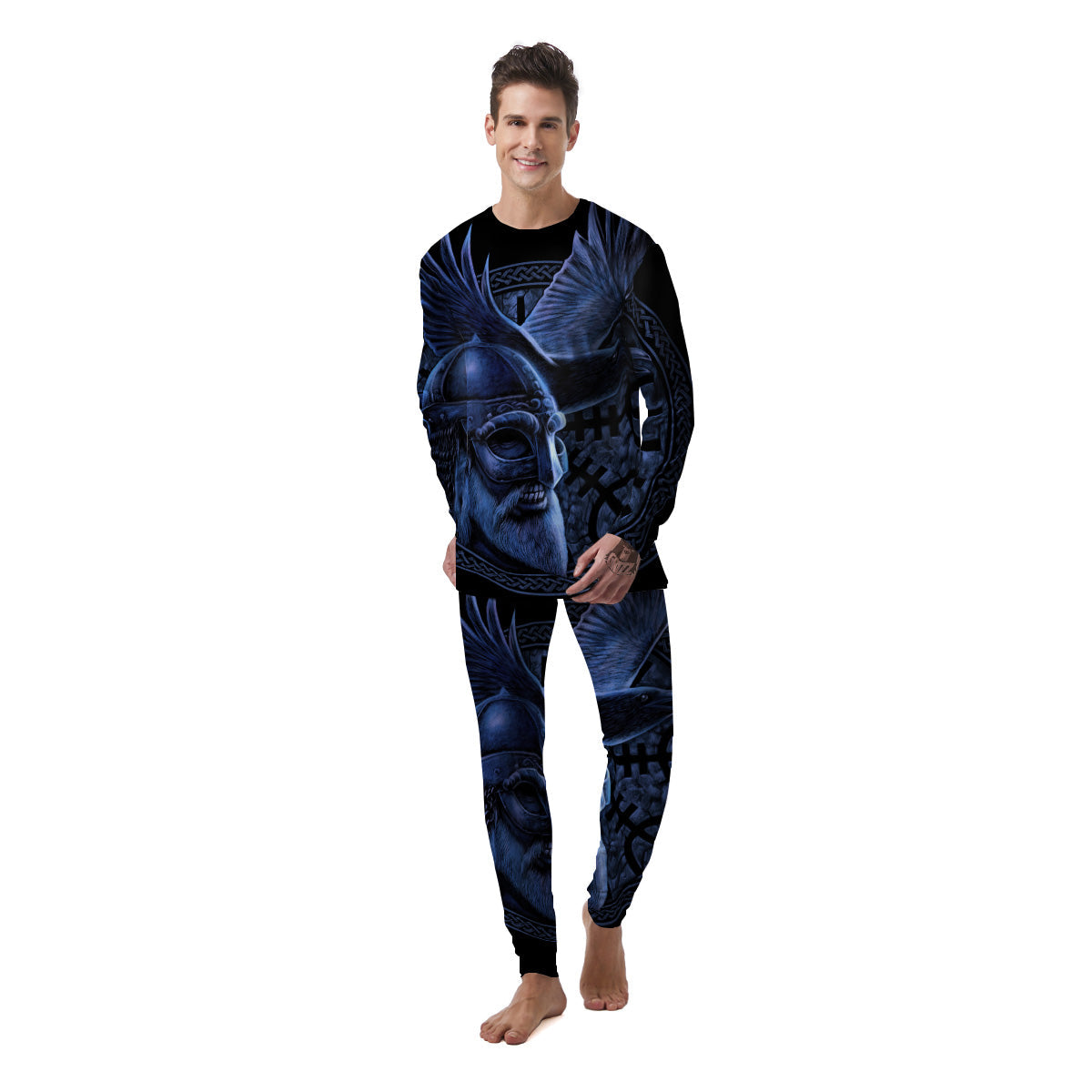 Viking God Odin And Crow Blue Print Men's Pajamas-grizzshop