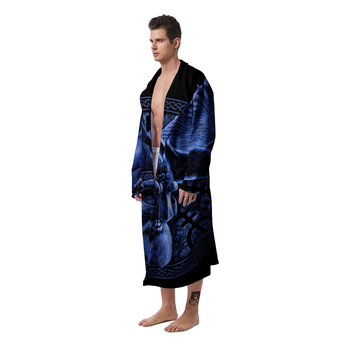 Viking God Odin And Crow Blue Print Men's Robe-grizzshop