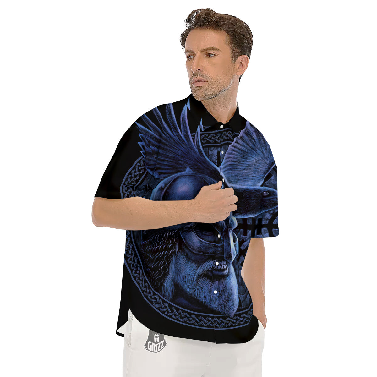 Viking God Odin And Crow Blue Print Men's Short Sleeve Shirts-grizzshop