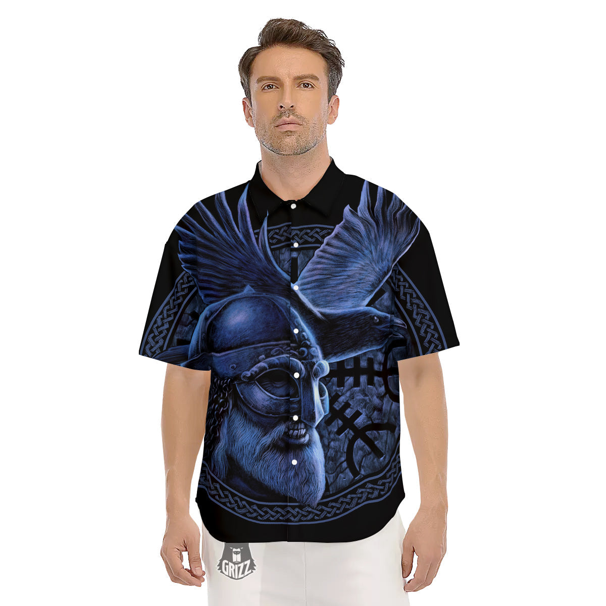 Viking God Odin And Crow Blue Print Men's Short Sleeve Shirts-grizzshop