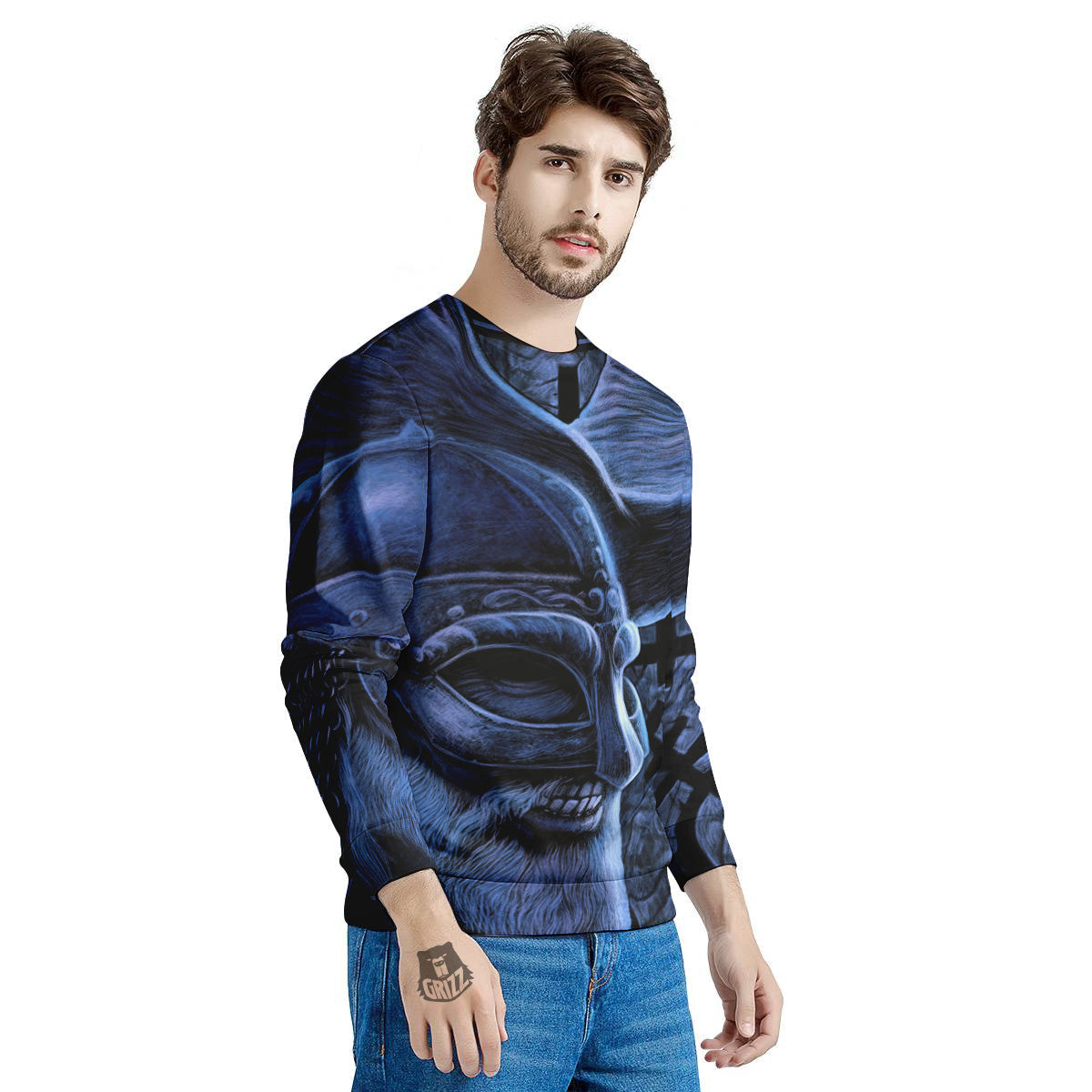 Viking God Odin And Crow Blue Print Men's Sweatshirt-grizzshop
