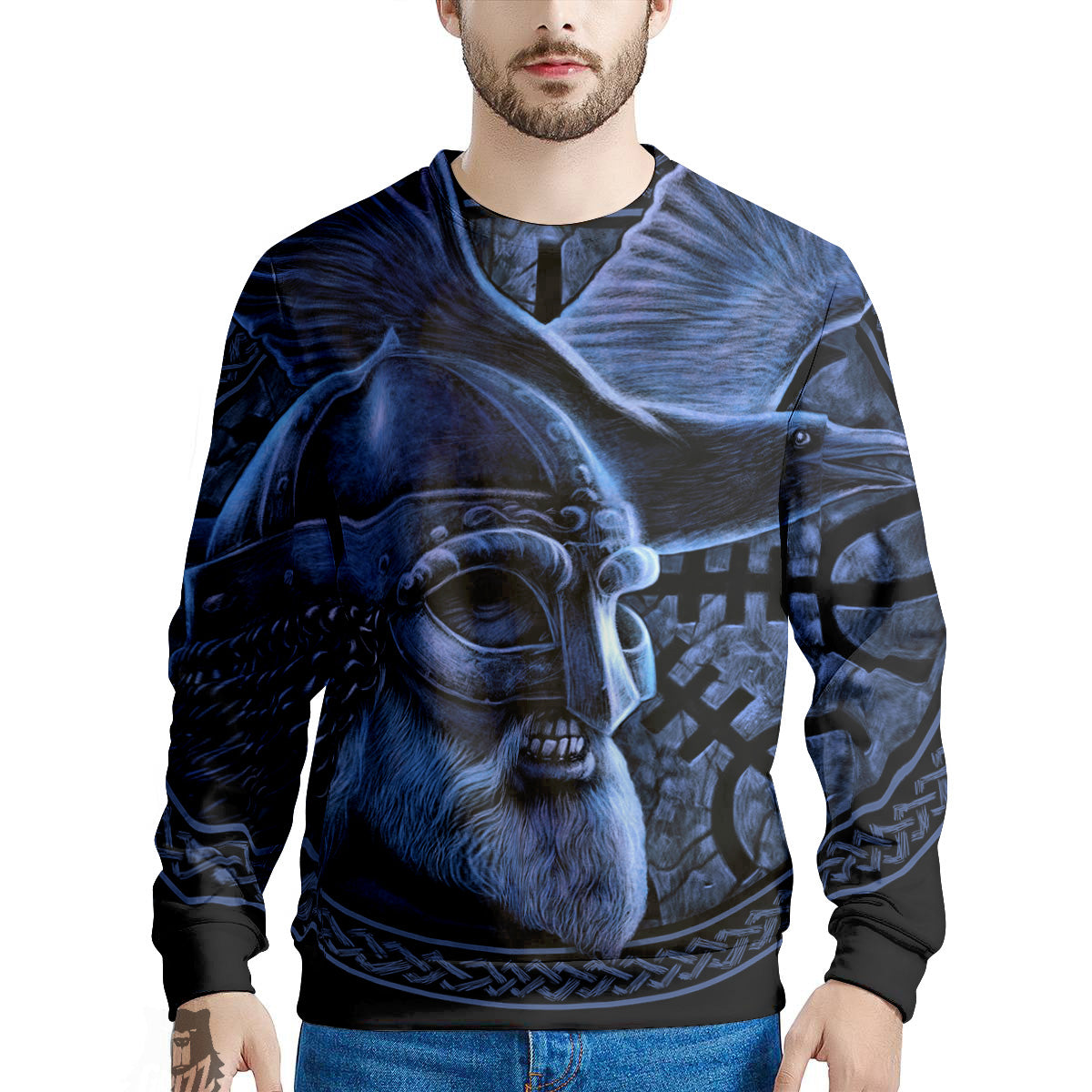 Viking God Odin And Crow Blue Print Men's Sweatshirt-grizzshop