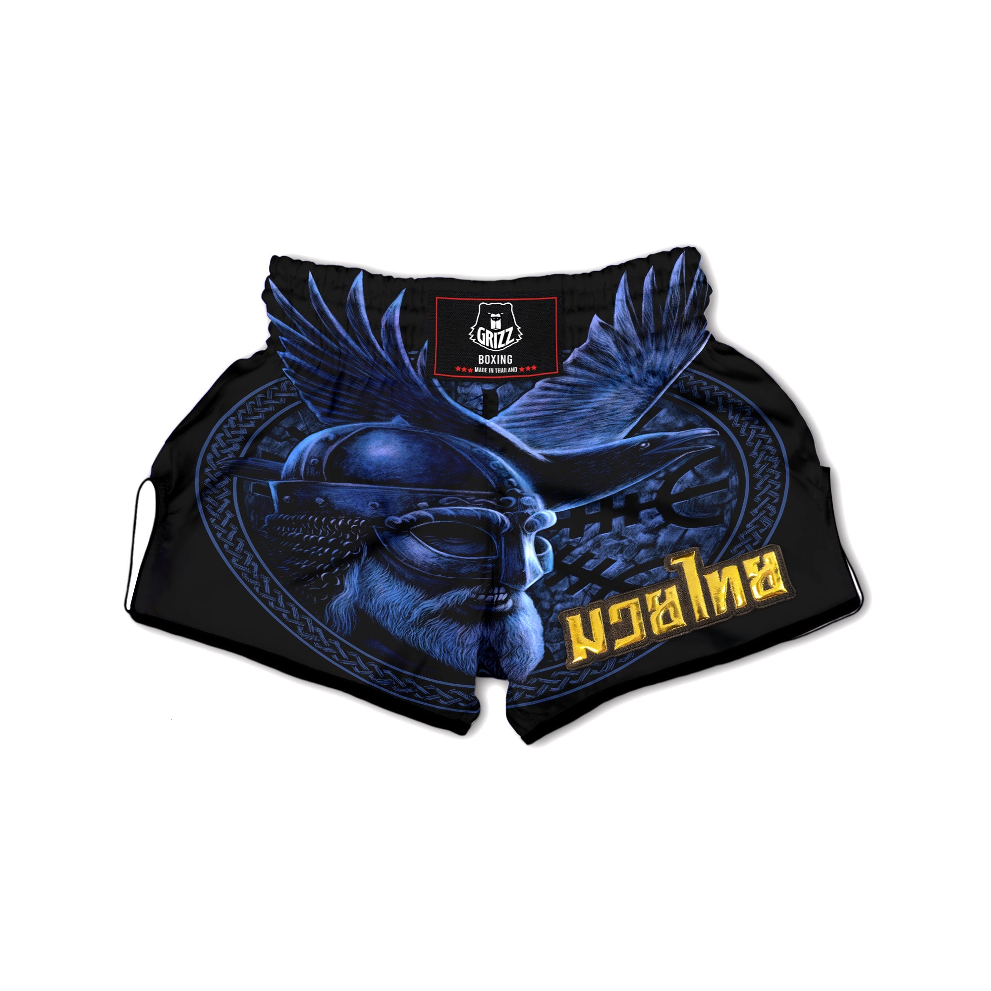 Viking God Odin And Crow Blue Print Muay Thai Boxing Shorts-grizzshop