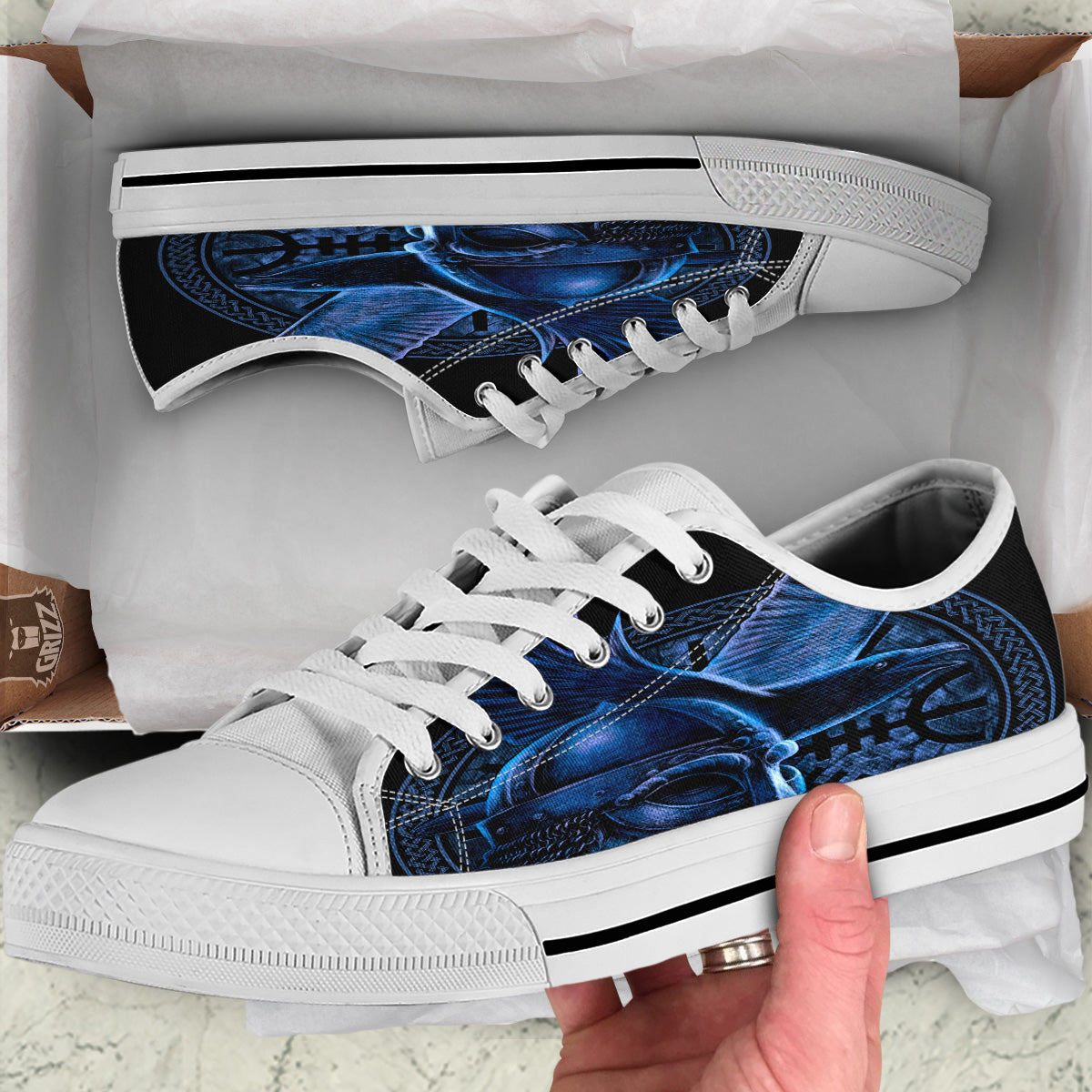 Viking God Odin And Crow Blue Print White Low Top Shoes-grizzshop