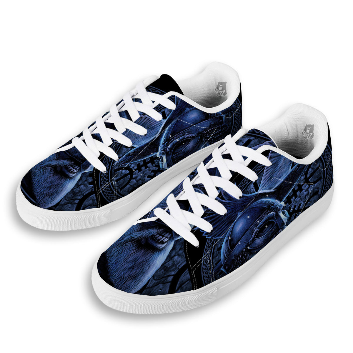 Viking God Odin And Crow Blue Print White Low Top Sneakers-grizzshop