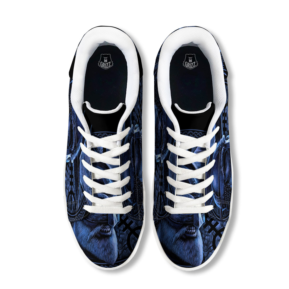 Viking God Odin And Crow Blue Print White Low Top Sneakers-grizzshop
