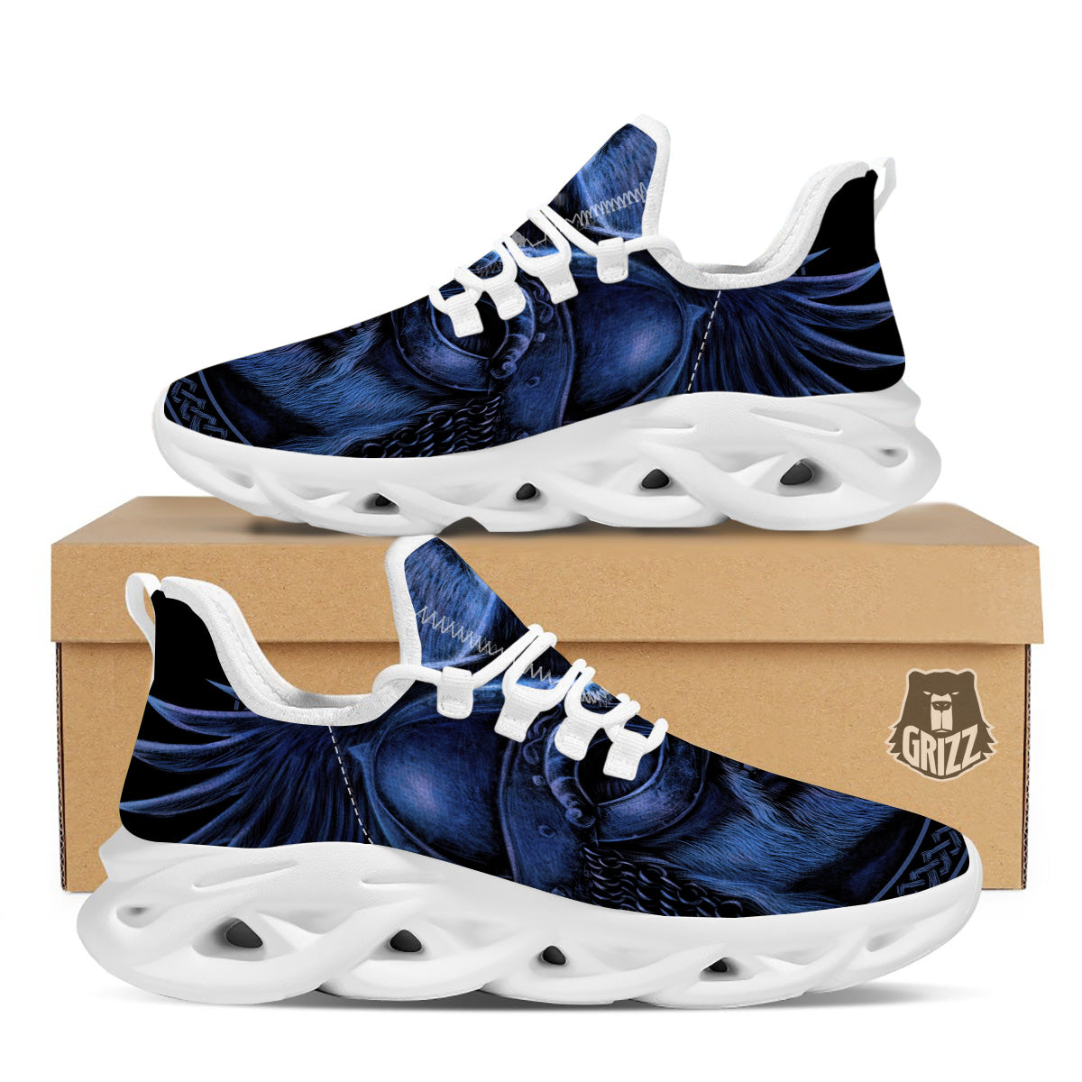 Viking God Odin And Crow Blue Print White Running Shoes-grizzshop