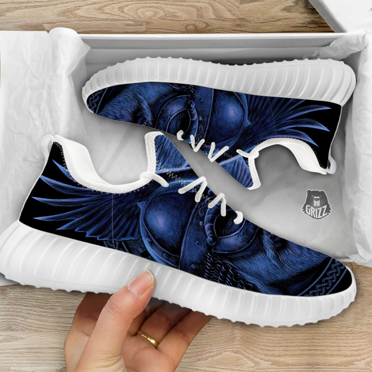 Viking God Odin And Crow Blue Print White Walking Shoes-grizzshop