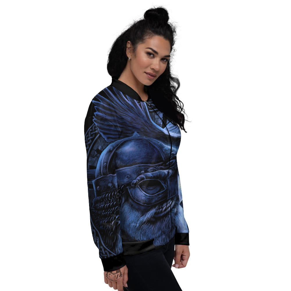 Viking God Odin And Crow Blue Print Women's Bomber Jacket-grizzshop