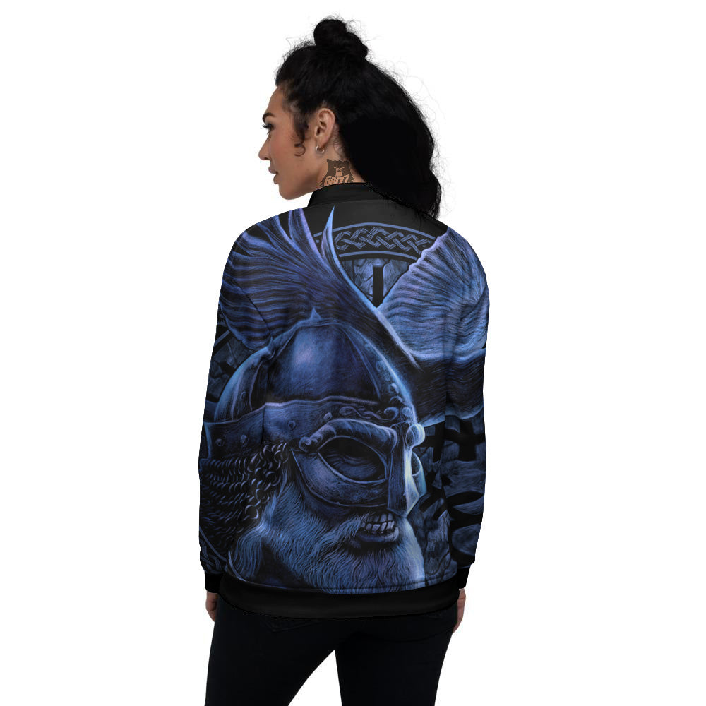 Viking God Odin And Crow Blue Print Women's Bomber Jacket-grizzshop