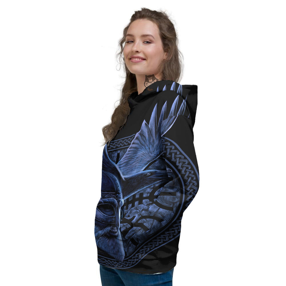 Viking God Odin And Crow Blue Print Women's Hoodie-grizzshop