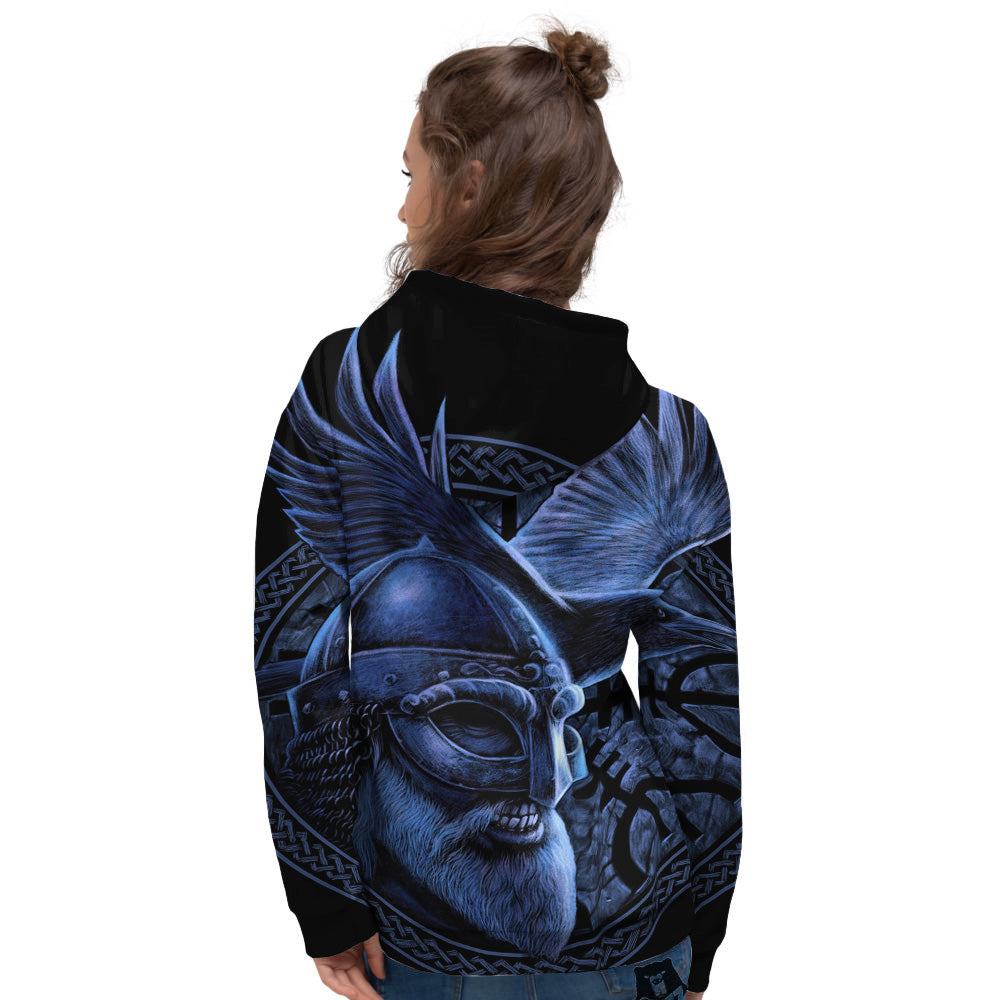 Viking God Odin And Crow Blue Print Women's Hoodie-grizzshop