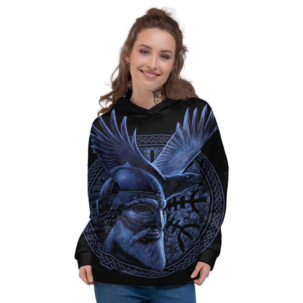 Viking God Odin And Crow Blue Print Women's Hoodie-grizzshop