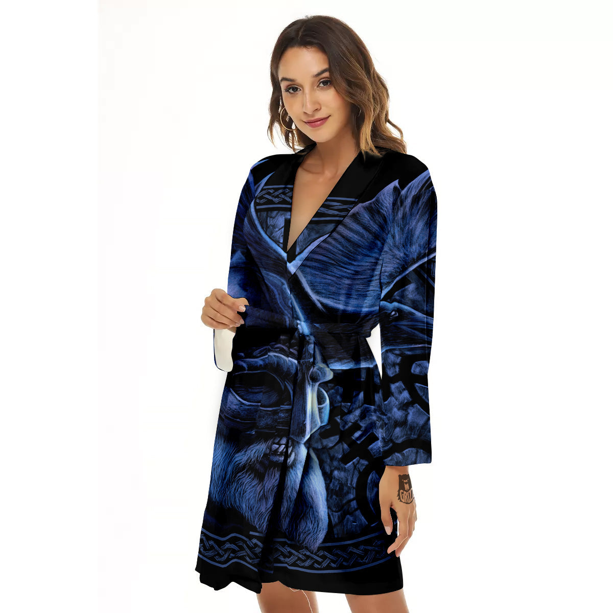 Viking God Odin And Crow Blue Print Women's Robe-grizzshop