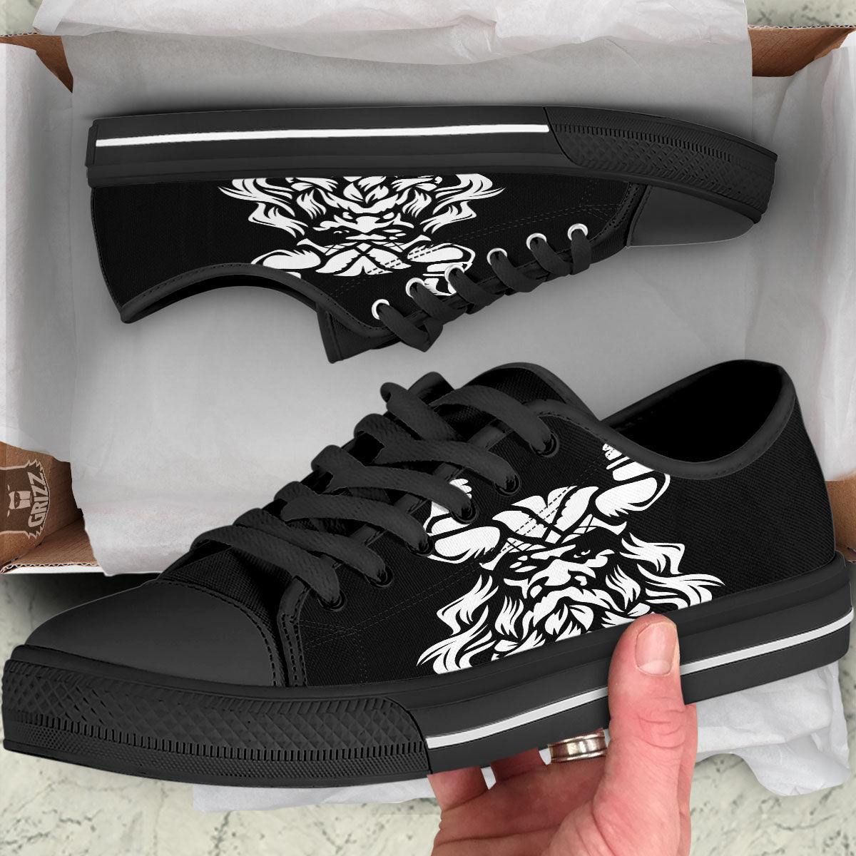 Viking God Odin White And Black Print Black Low Top Shoes-grizzshop