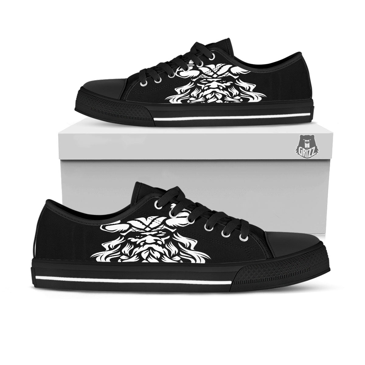 Viking God Odin White And Black Print Black Low Top Shoes-grizzshop