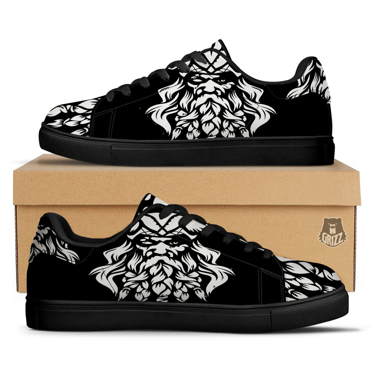 Viking God Odin White And Black Print Black Low Top Sneakers-grizzshop