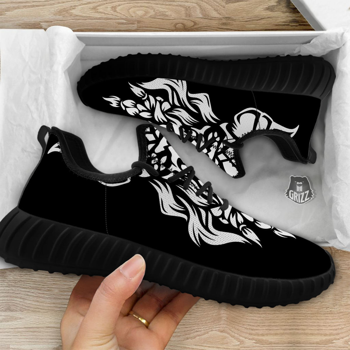 Viking God Odin White And Black Print Black Walking Shoes-grizzshop