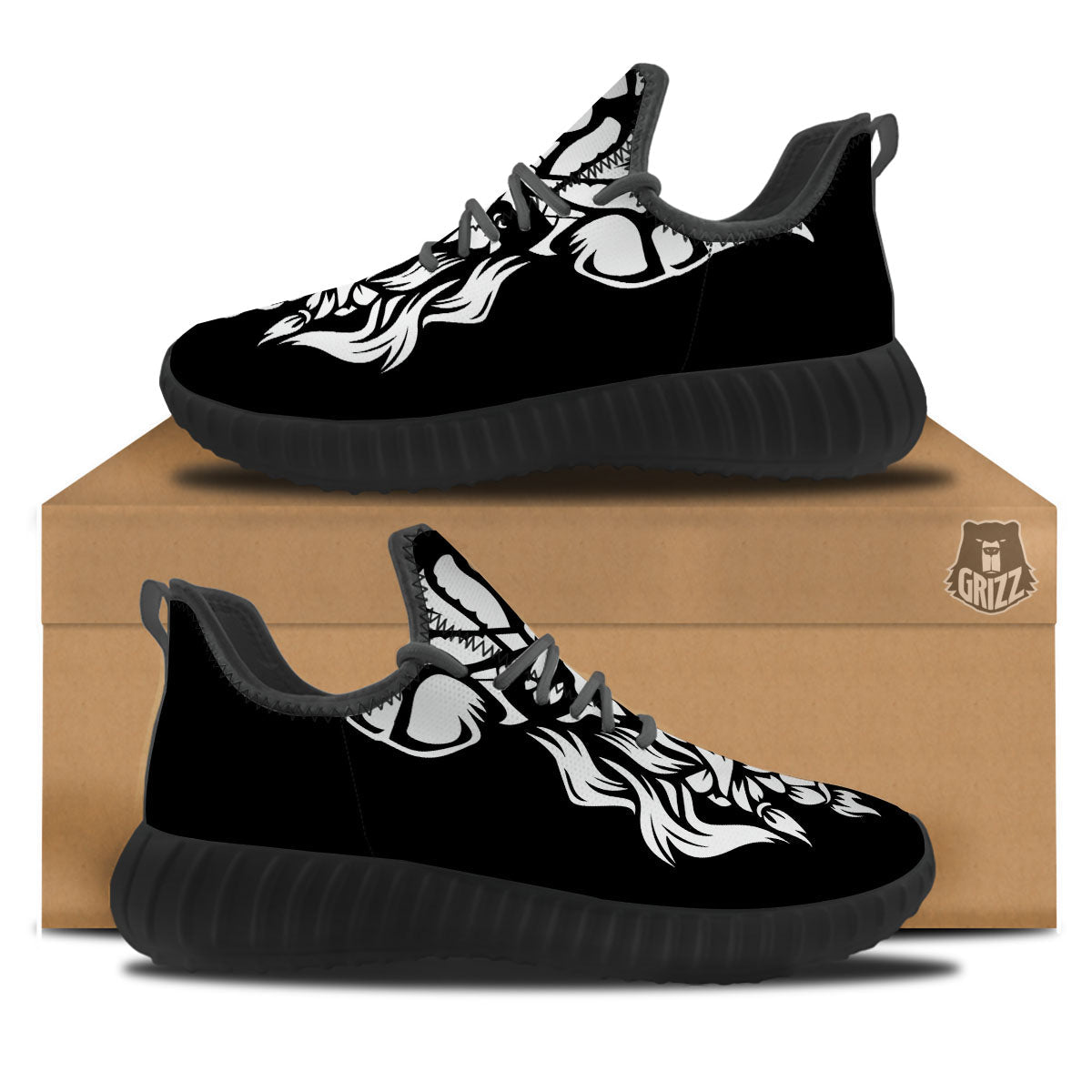 Viking God Odin White And Black Print Black Walking Shoes-grizzshop