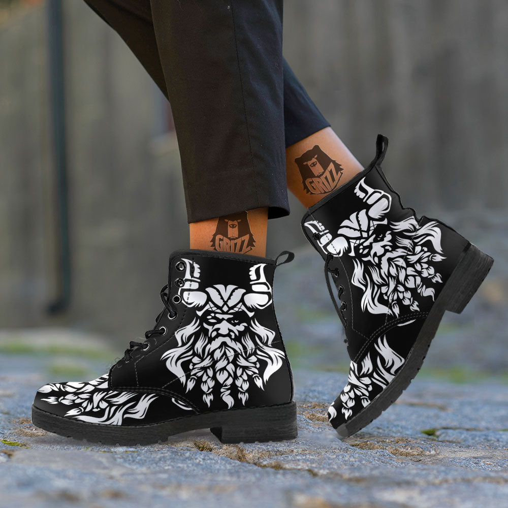 Viking God Odin White And Black Print Leather Boots-grizzshop