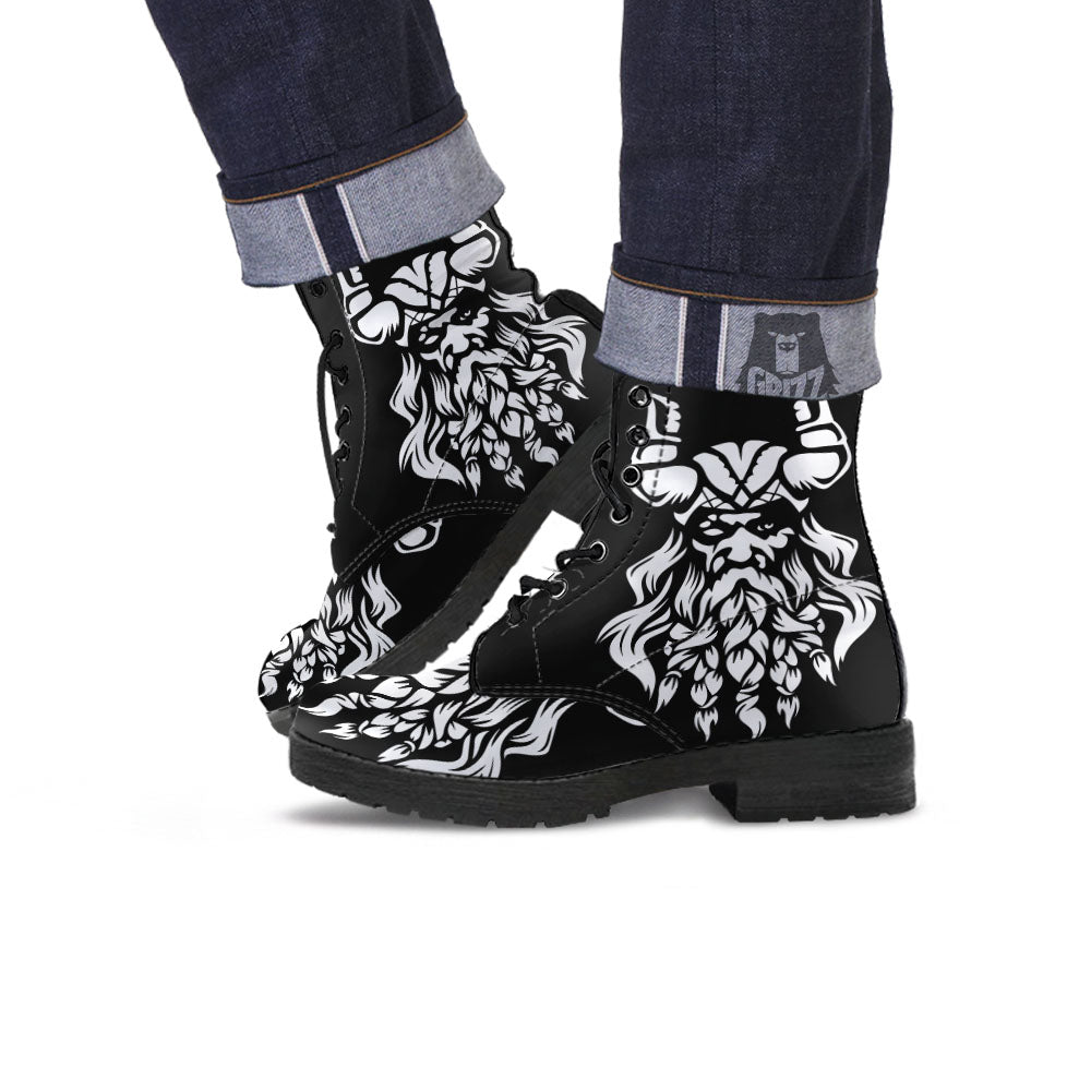 Viking God Odin White And Black Print Leather Boots-grizzshop