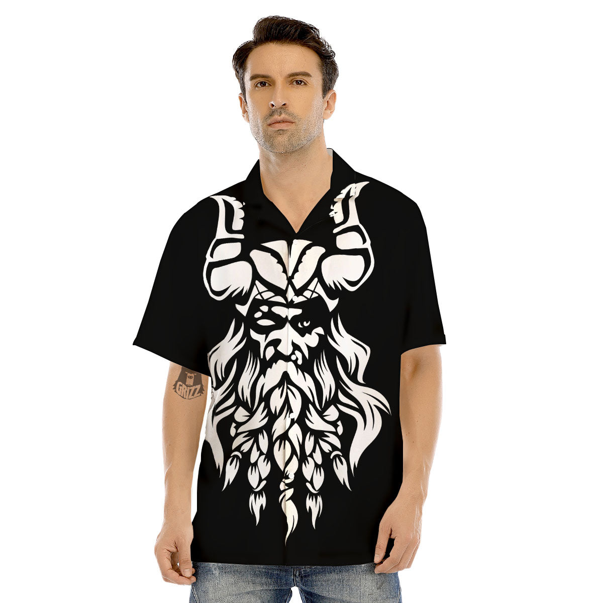 Viking God Odin White And Black Print Men's Hawaiian Shirt-grizzshop