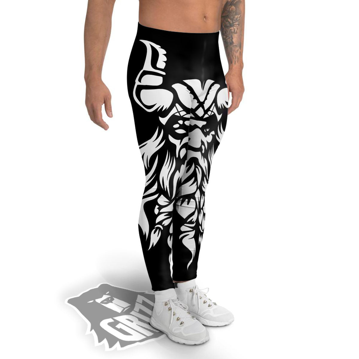 Viking God Odin White And Black Print Men's Leggings-grizzshop