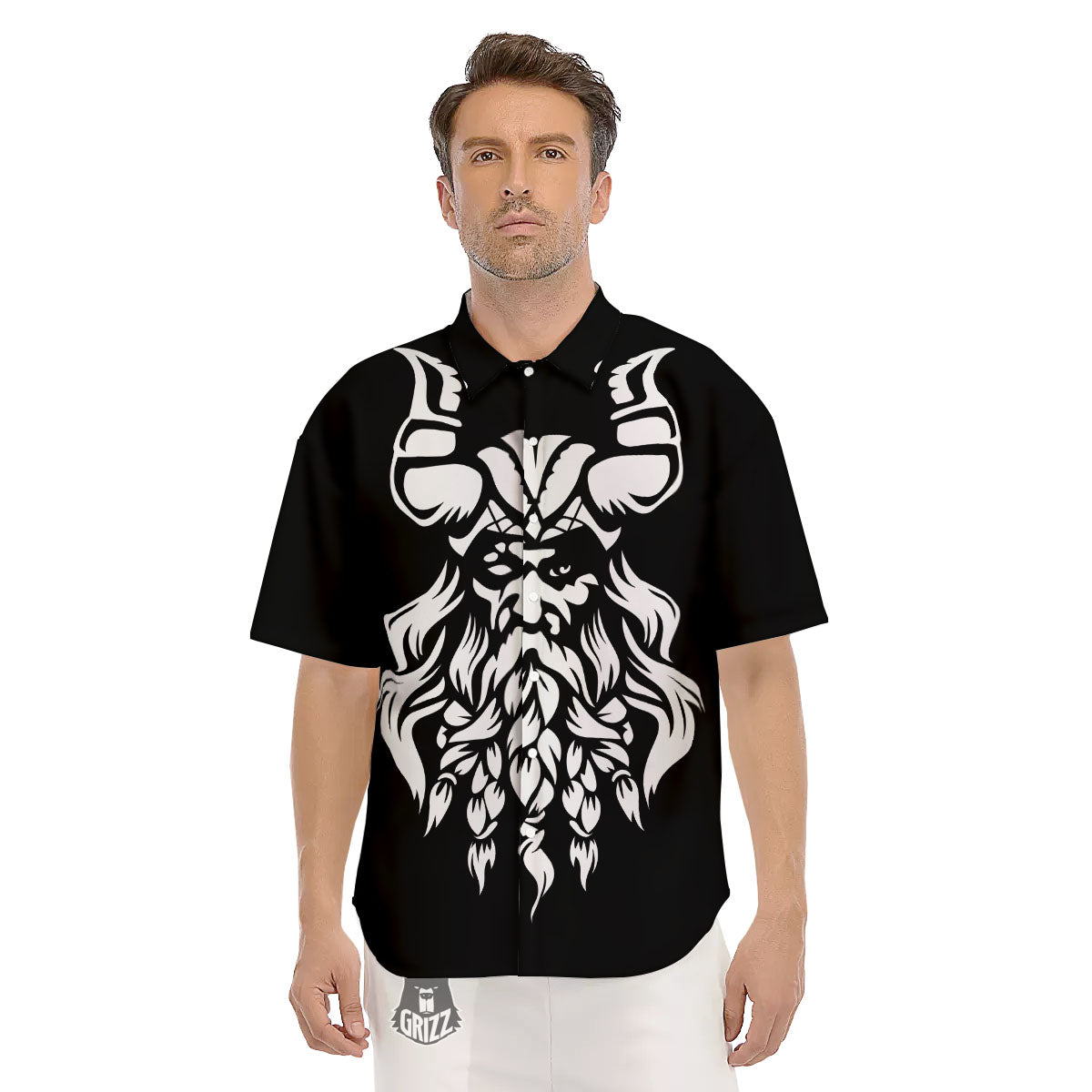 Viking God Odin White And Black Print Men's Short Sleeve Shirts-grizzshop