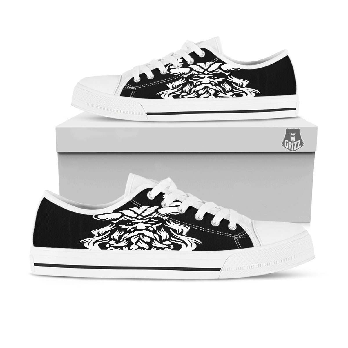 Viking God Odin White And Black Print White Low Top Shoes-grizzshop