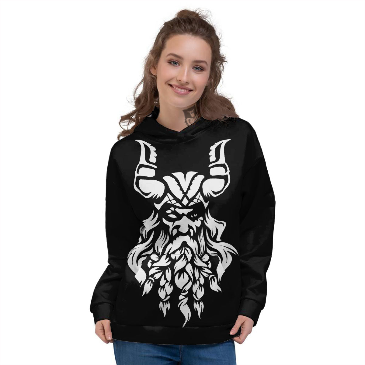Viking God Odin White And Black Print Women's Hoodie-grizzshop