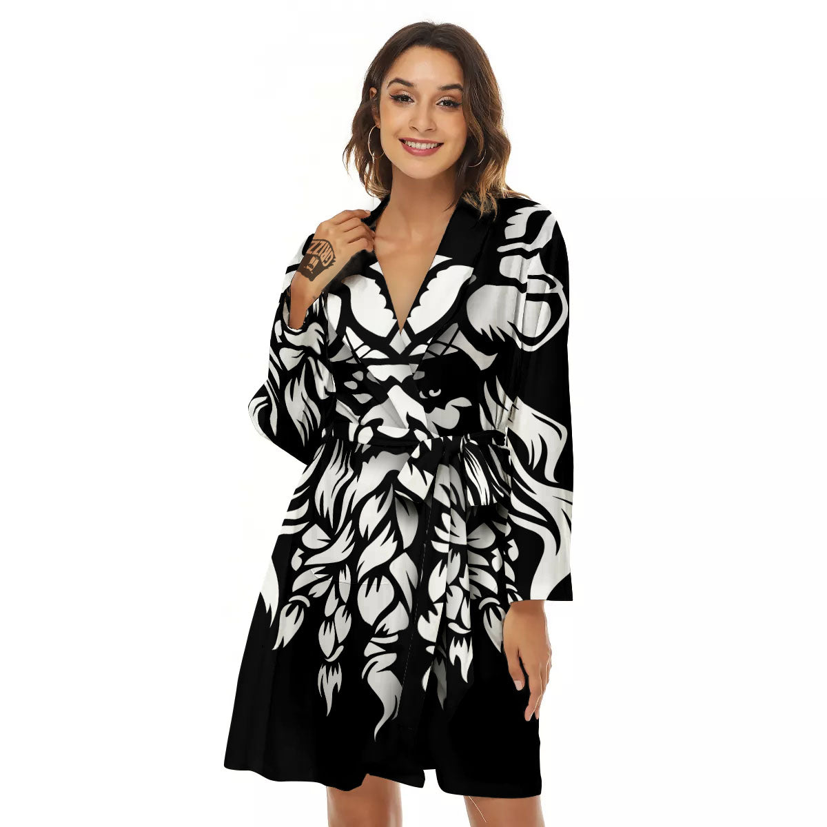 Viking God Odin White And Black Print Women's Robe-grizzshop