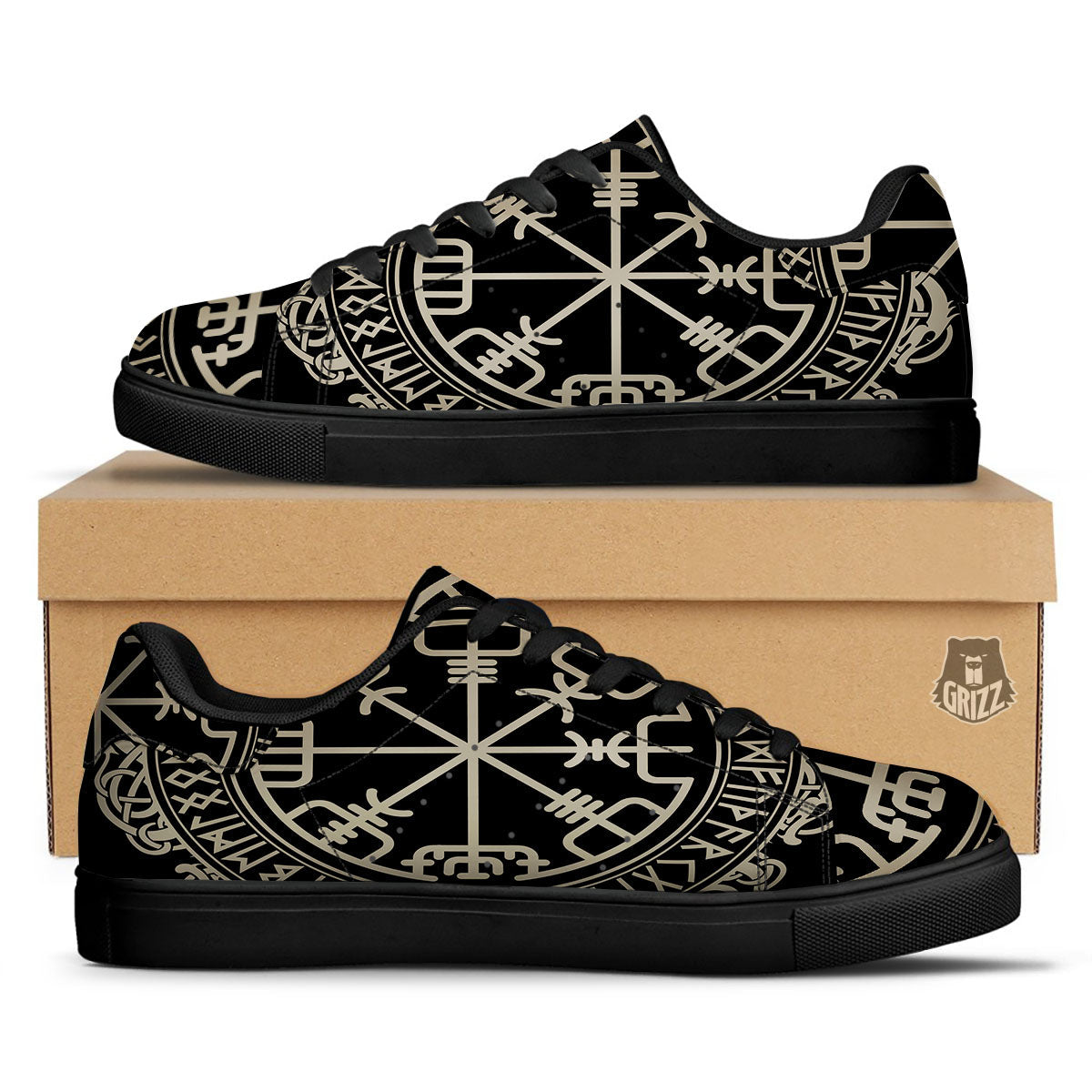 Viking Helm Of Terror Scandinavian Print Black Low Top Sneakers-grizzshop