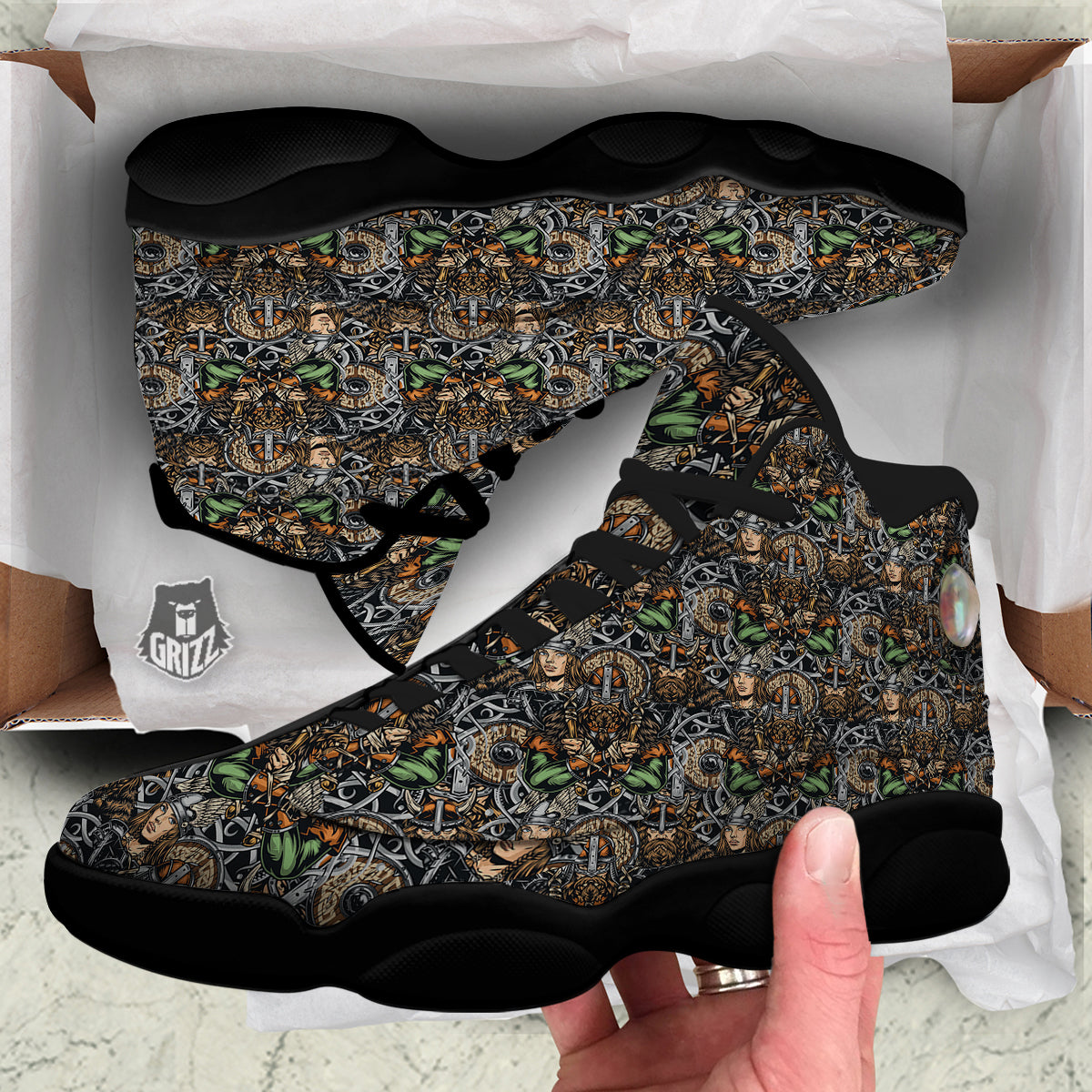 Viking Nordic Warriors Print Pattern Black Basketball Shoes-grizzshop