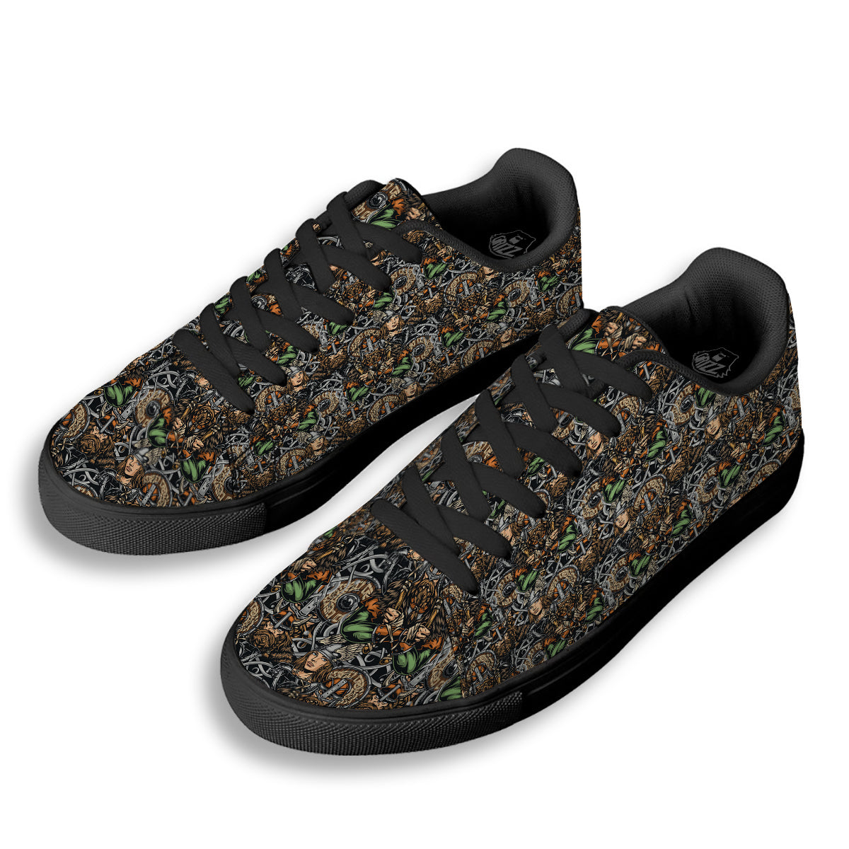 Viking Nordic Warriors Print Pattern Black Low Top Sneakers-grizzshop