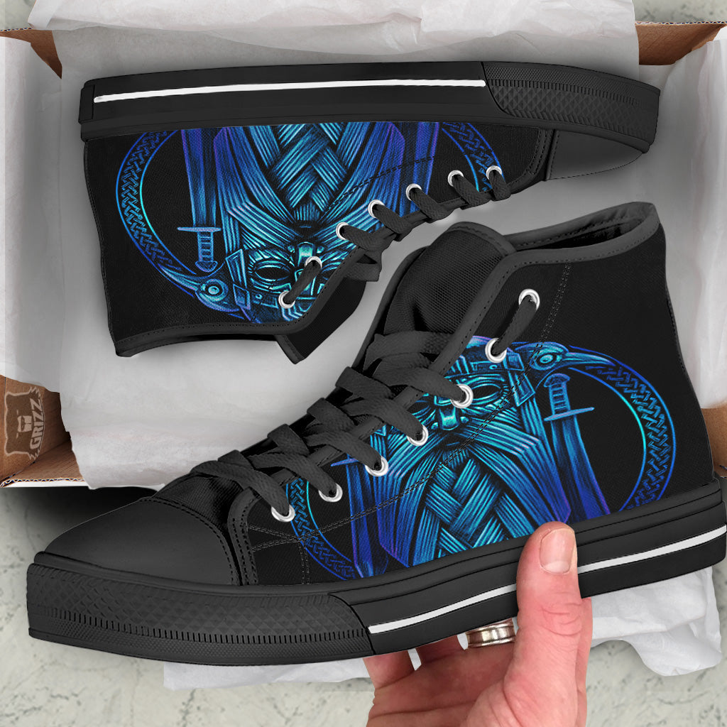 Viking Norse God Odin Blue Print Black High Top Shoes-grizzshop