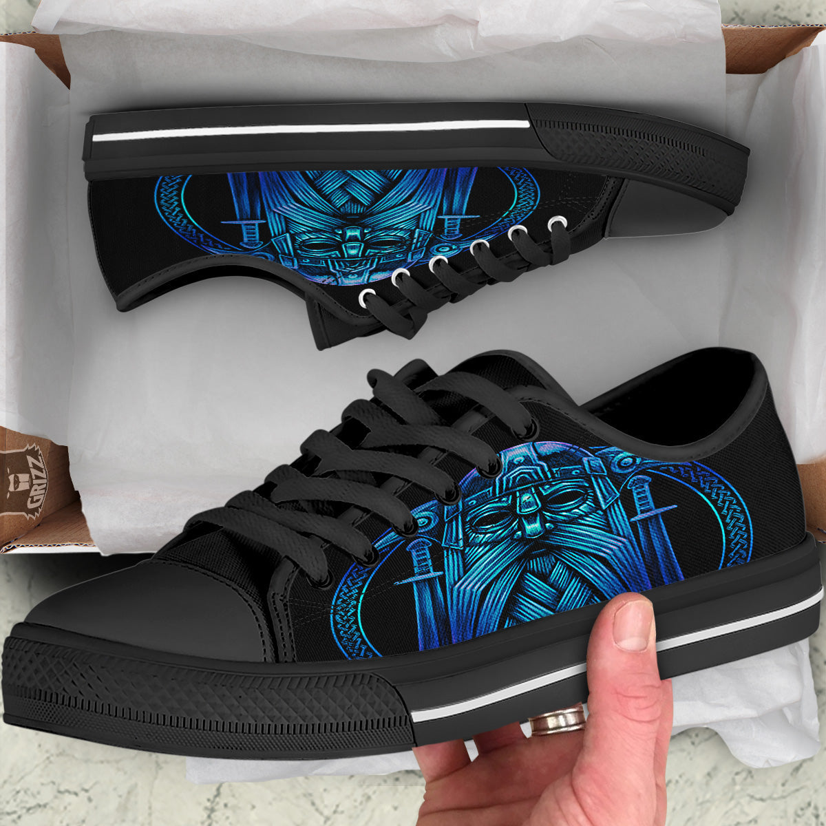 Viking Norse God Odin Blue Print Black Low Top Shoes-grizzshop