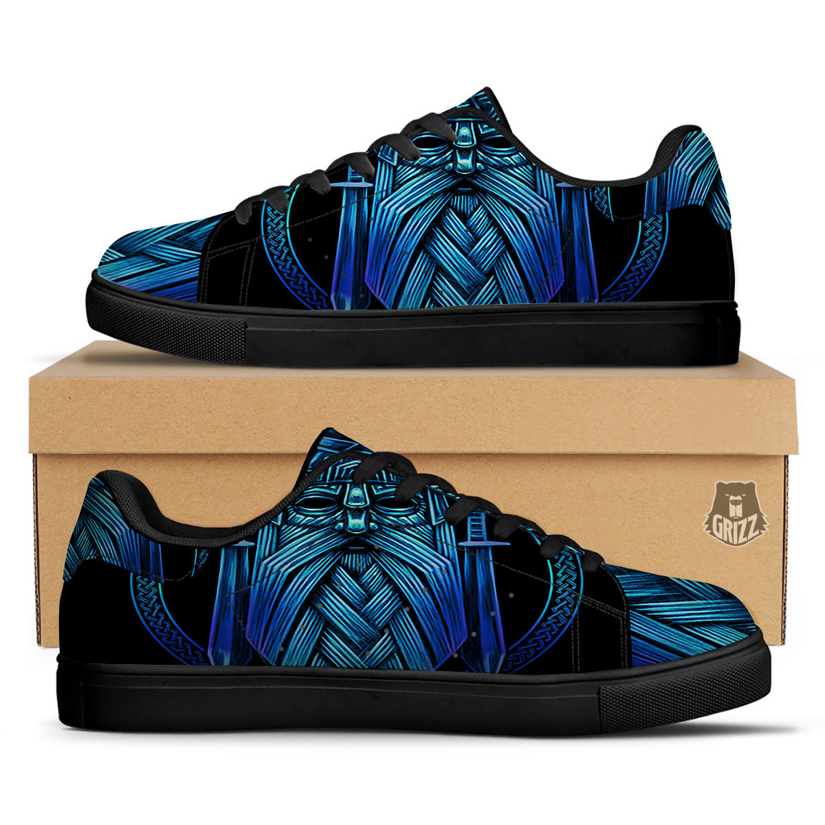 Viking Norse God Odin Blue Print Black Low Top Sneakers-grizzshop
